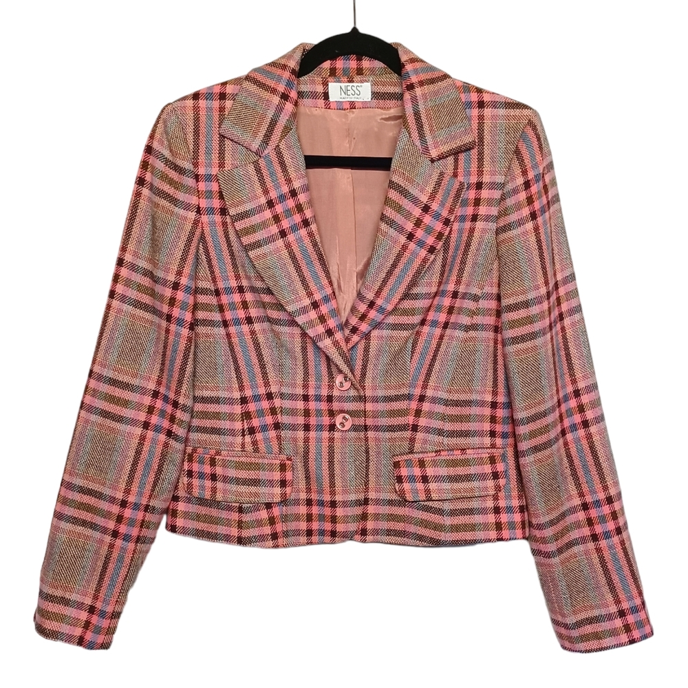NESS ITALY Wool Blend Pink Blue Plaid Print Preppy Button Blazer Jacket 8 M